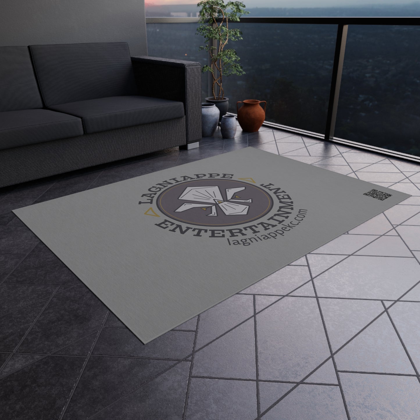 Lagniappe Entertainment Dark Color Logo Outdoor Rug