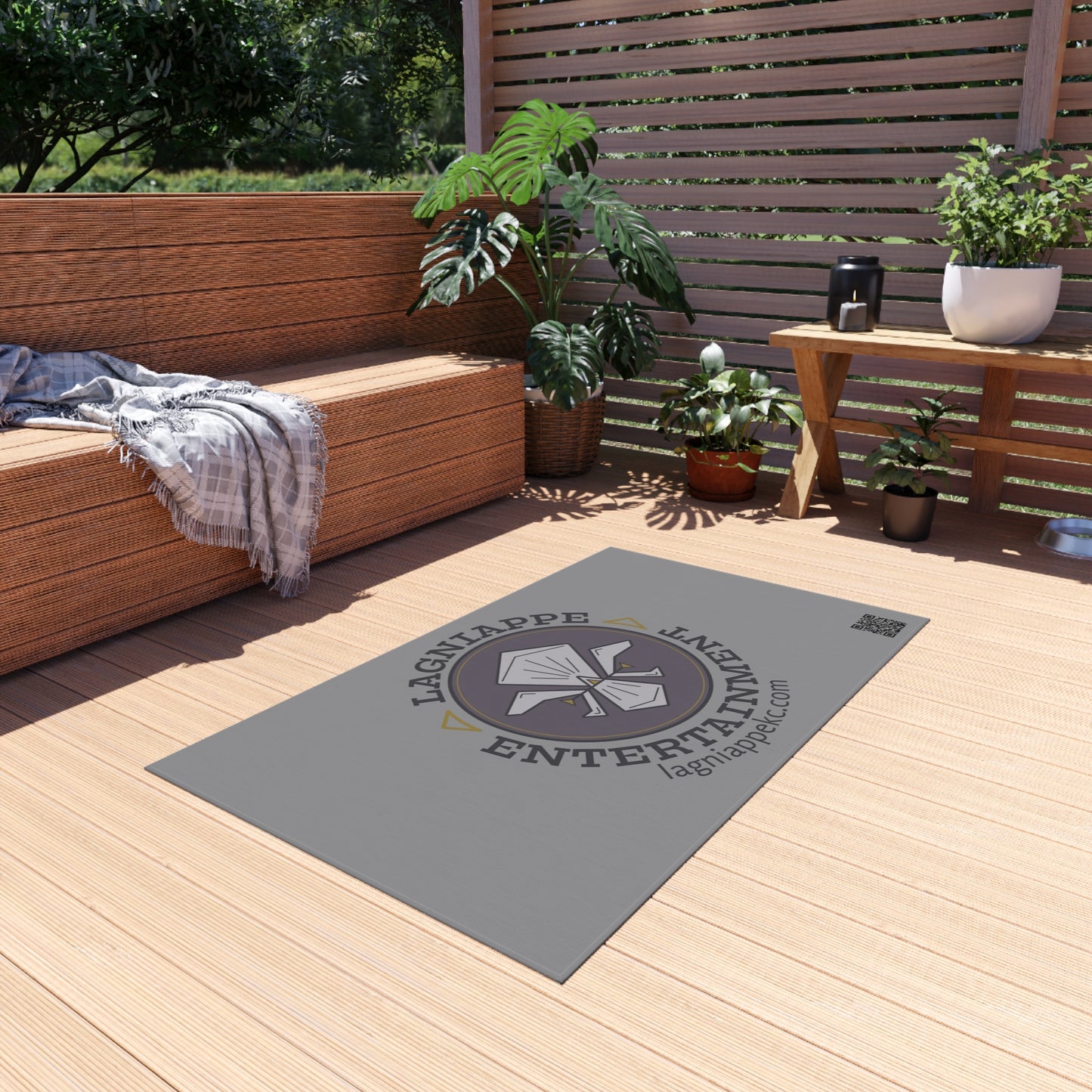 Lagniappe Entertainment Dark Color Logo Outdoor Rug