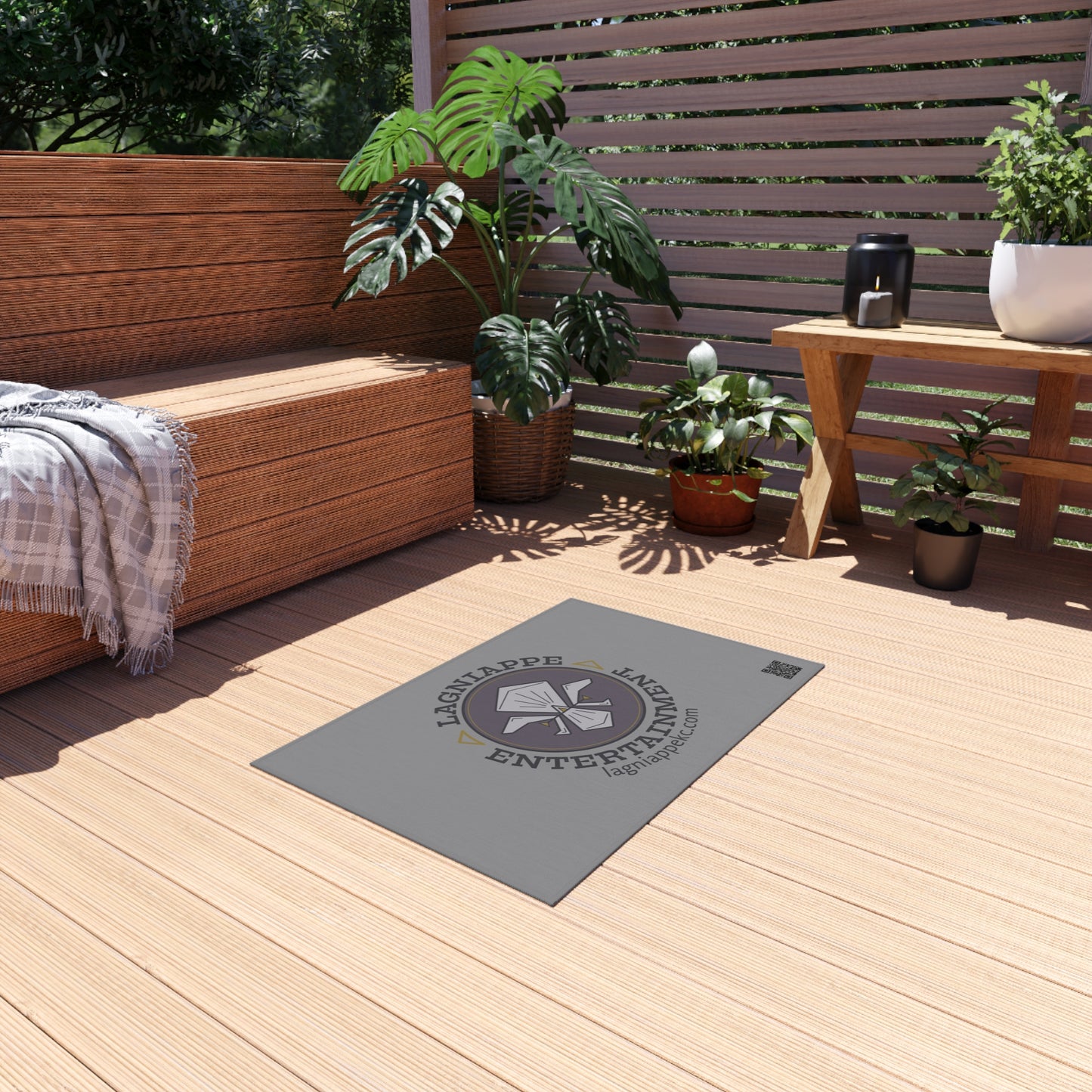 Lagniappe Entertainment Dark Color Logo Outdoor Rug