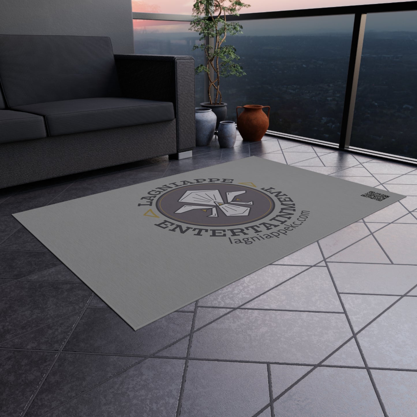 Lagniappe Entertainment Dark Color Logo Outdoor Rug