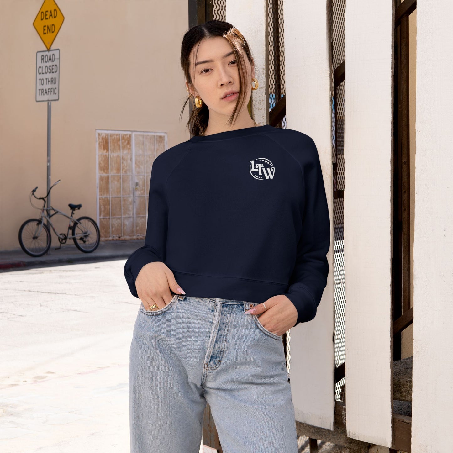 LTW White Monogram Cropped Fleece Pullover